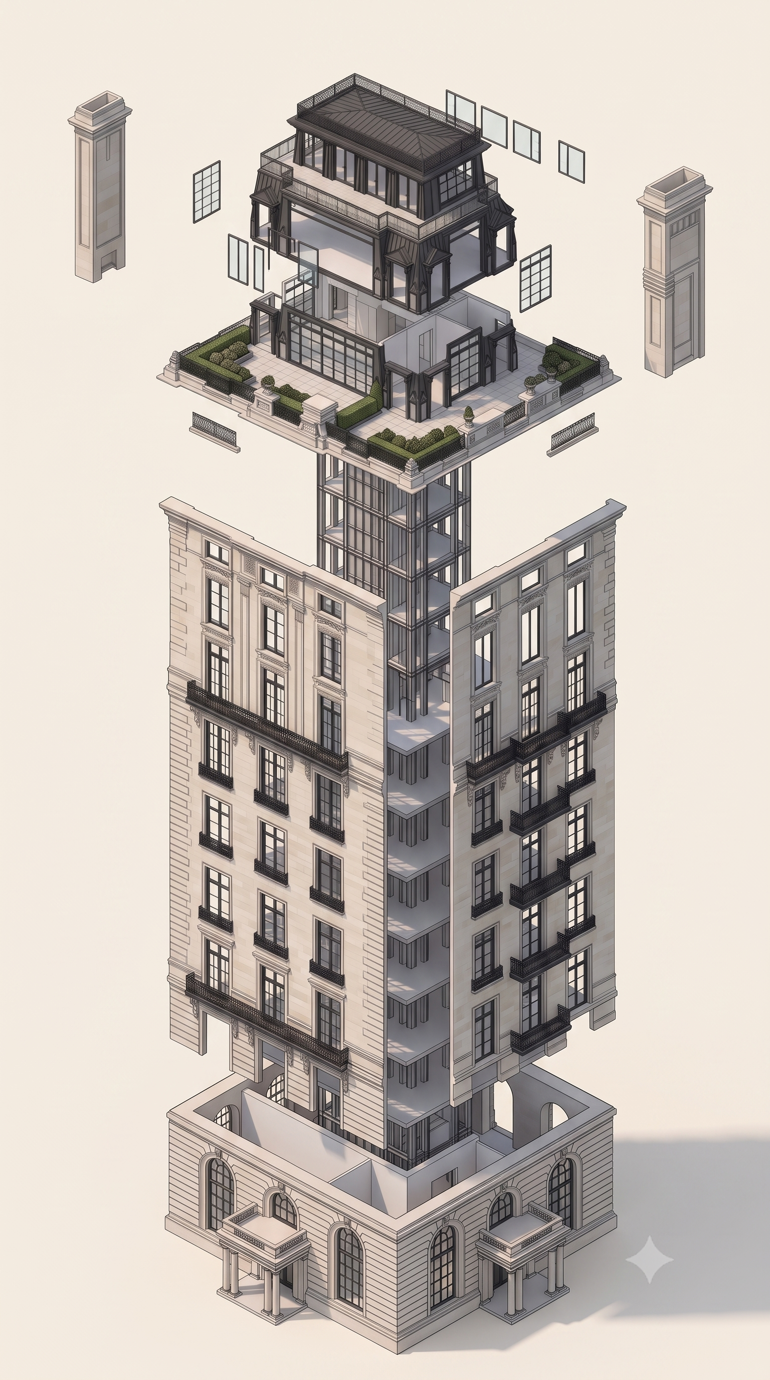 Exploded axonometric of a building, separated into its construction layers